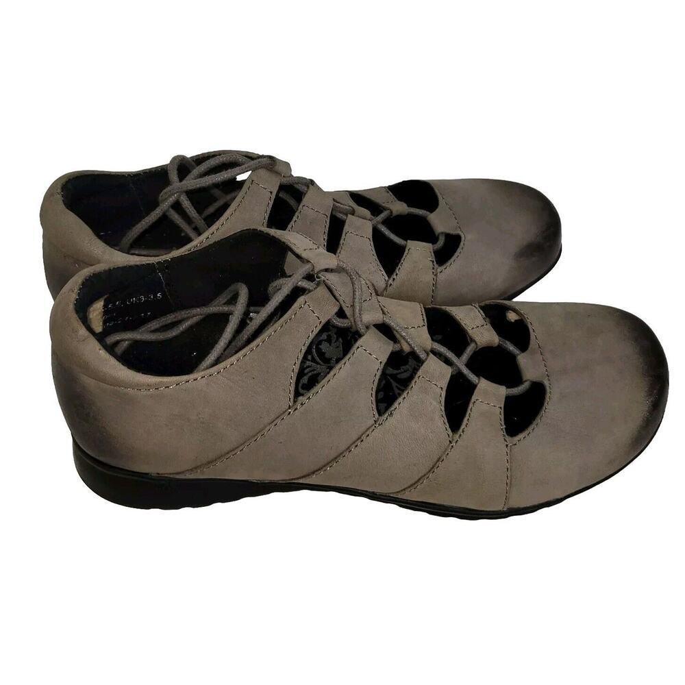 Aetrex Shoes Sandals Womens Sz 5.5 Gray Leather Lace Up Round Toe Flat Beach